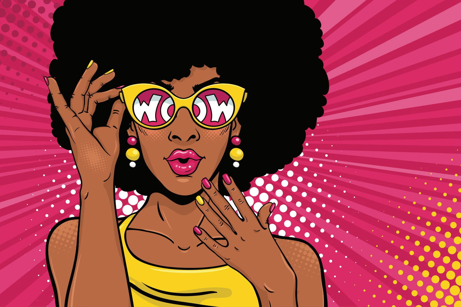 Hot pink pop art starburst back ground. Women with black hair, hot pink lips, looking happy and surprised. She wears a yellow vest, yellow earrings and yellow framed sunglasses with hot pink frames. The lenses display the word WOW in white writing.