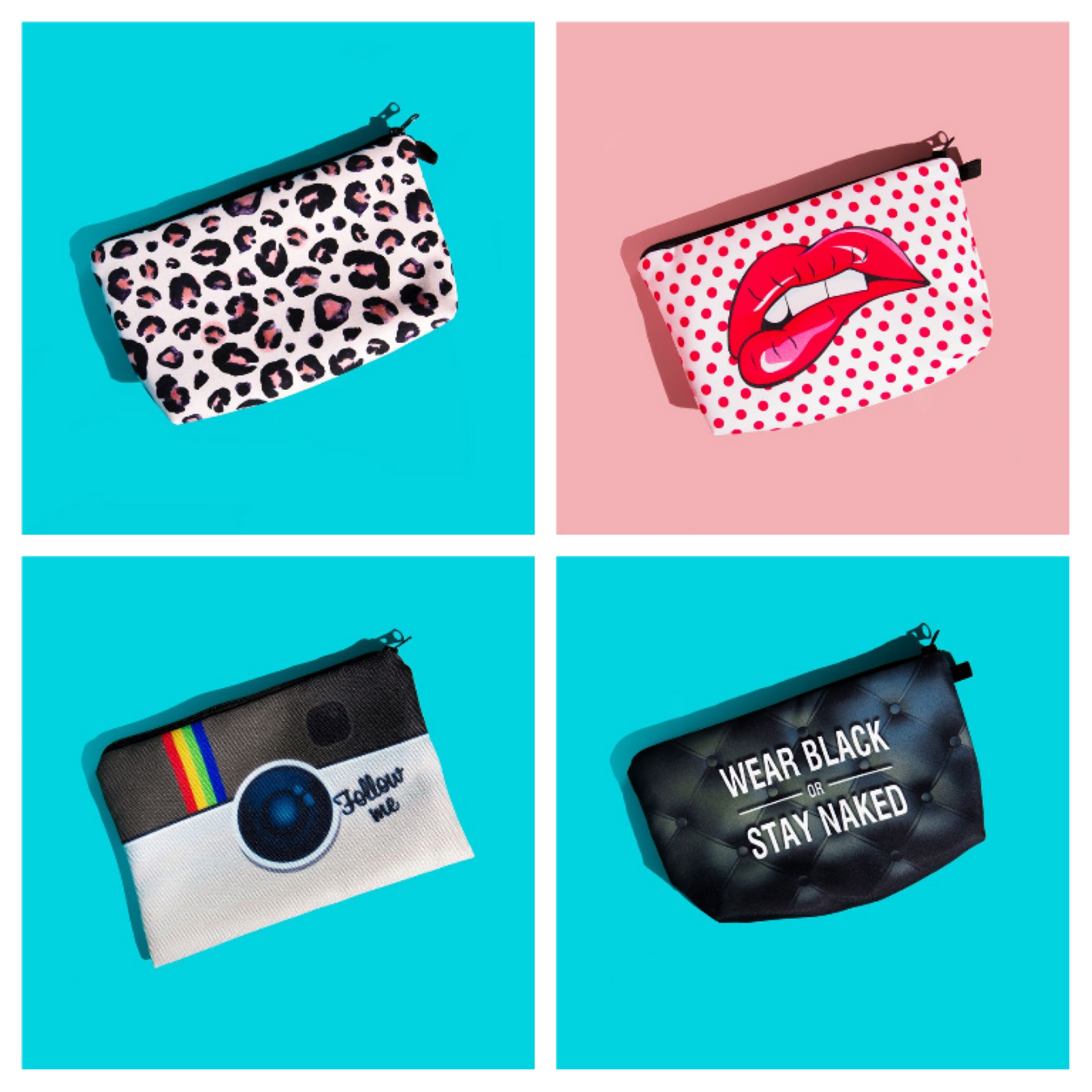Image displays 4 different styles of pouches designed to store used or spare Period pants. Top left is pink leopard print, top right is a camera design with the words 'follow me'. Bottom left is white with red polka dots and a pair of red lips, bottom right is a black pouch displaying the words 'WEAR BLACK OF STAY NAKED' in white letters.