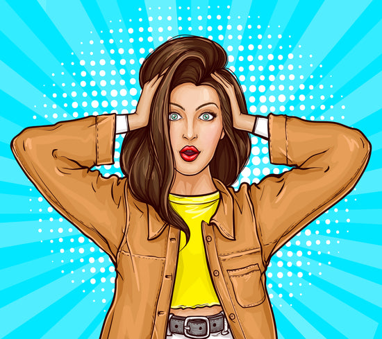 Turquoise background.  Pop art women wearing a brown jacket and yellow t shirt has her hands on the sides of her head looking confused.