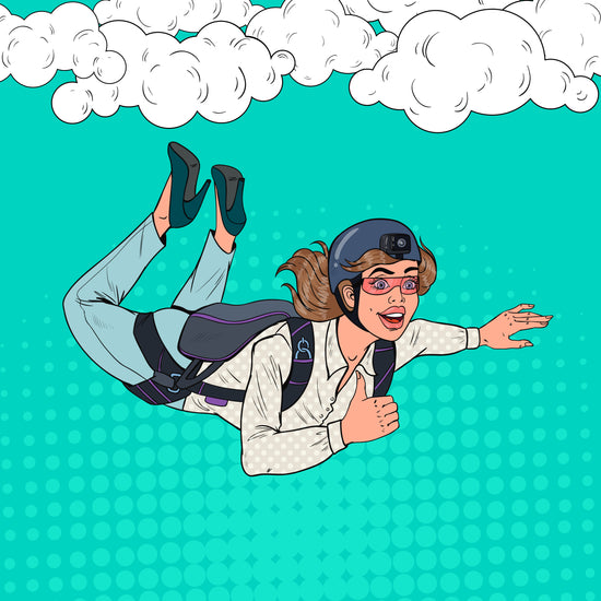 Pop art image of a women skydiving.  The sky is turquoise and clouds are white.  She has her right thumb up.