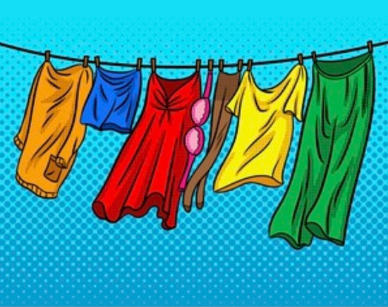 Turquoise pop art background with a clothes line.  An orange top, blue shorts, red dress, pink bra, brown tights, yellow t-shirt and green trousers hang in a line.