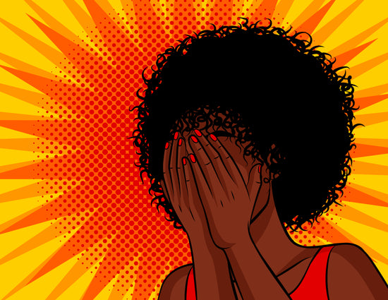 A pop art image of a women with her hands in front of her face, covering her whole face as if she is embarrassed.  The background is orange and yellow pop art.  The person has black hair and wearing a coral red vest.