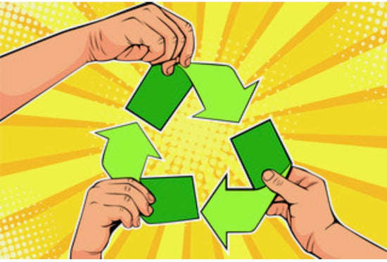 A pop art yellow starburst background. In the middle there are three green arrows in a triangle shaped recycle sign.  There is a hand holding each of the arrows.