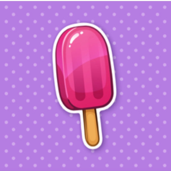 Pop art image of a pink ice lolly.  The background is purple with white polkadots.