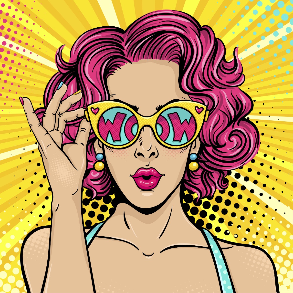 Pop art women with hot pink hair on a yellow background.  Her sunglasses have yellow frames, turquoise frames and displays the words WOW in hot pink letters.  She holds the side of her sunglasses by the frame on the left side.