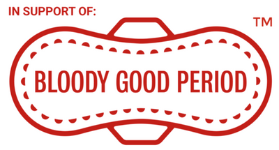 This is the Bloody Good Period logo, a red outline of a period pad with the words 'Bloody Good Period' in the centre