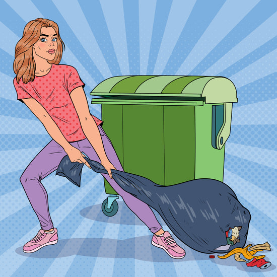A pop art image of a women dragging a large rubbish bag tht has split open at the bottom.  In the background there is a large green rubbish bin.