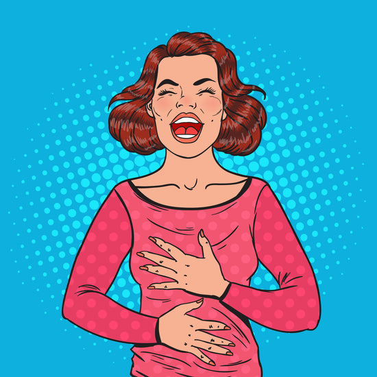 blue pop art background with a women laughing and holding her ribs. She wears a pink top.