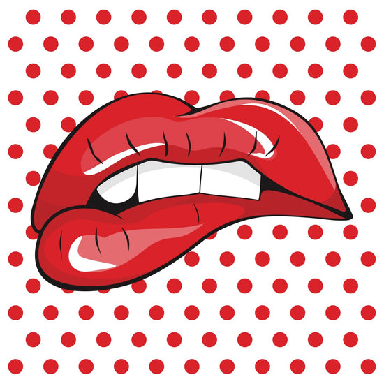 White background with red polkadots.  In the centre there are a pair of big red lips with two teeth biting the bottom lip looking confused.