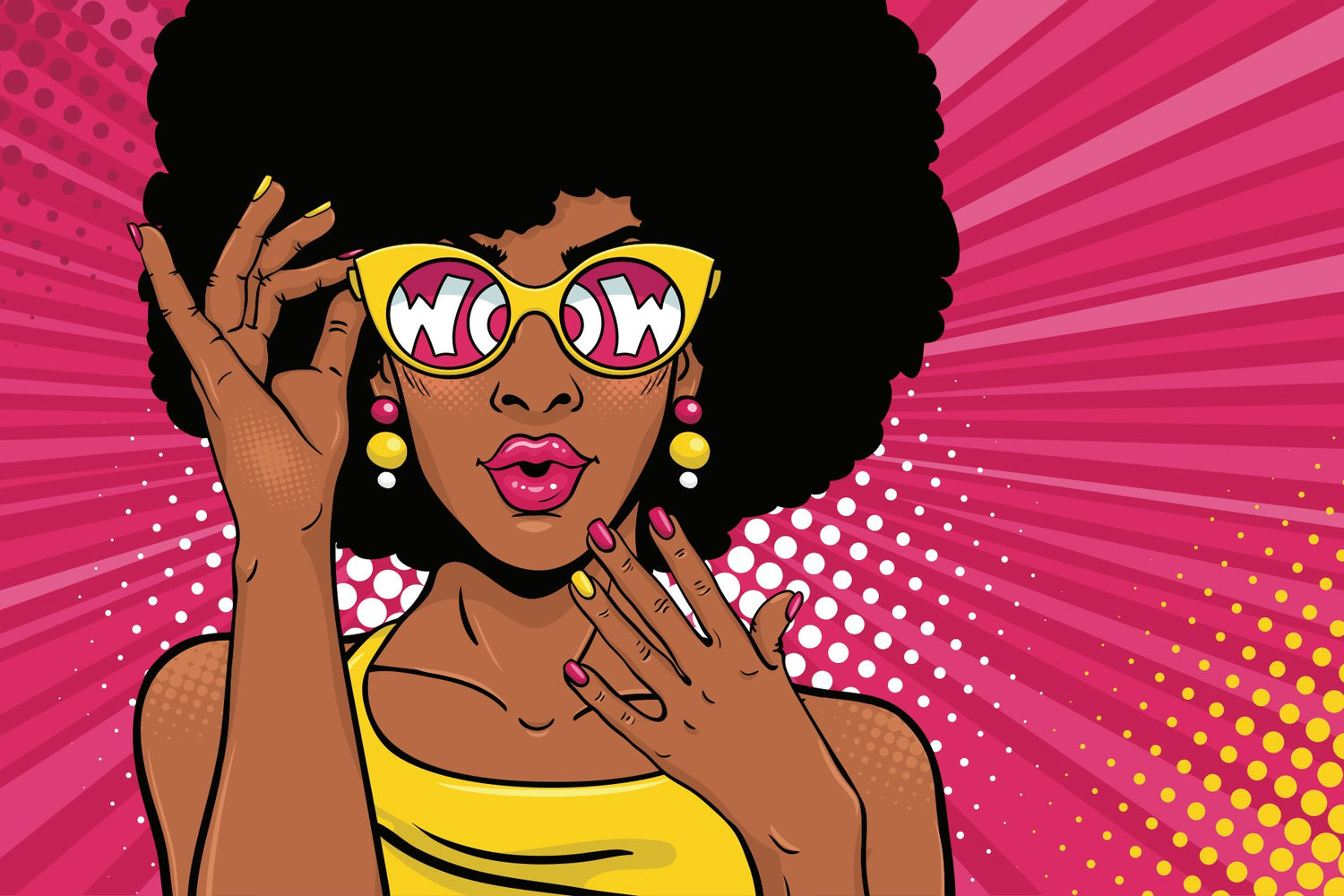 Hot pink pop art starburst back ground.  Women with black hair, hot pink lips, looking happy and surprised.  She wears a yellow vest, yellow earrings and yellow framed sunglasses with hot pink frames.  The lenses display the word WOW in white writing. 