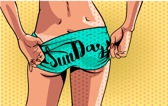 Yellow and orange polkadot background.  In the middle of the shot is a rear view image of someone wearing turquoise swim shorts with the words 'Sun Day' written across the bum in black writing.