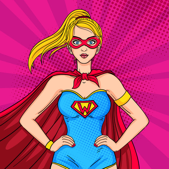 Pop art image of a women super hero wearing a blue costume with a red cape and blue mask.  She has her hands on her hips.  The background is hot pink.