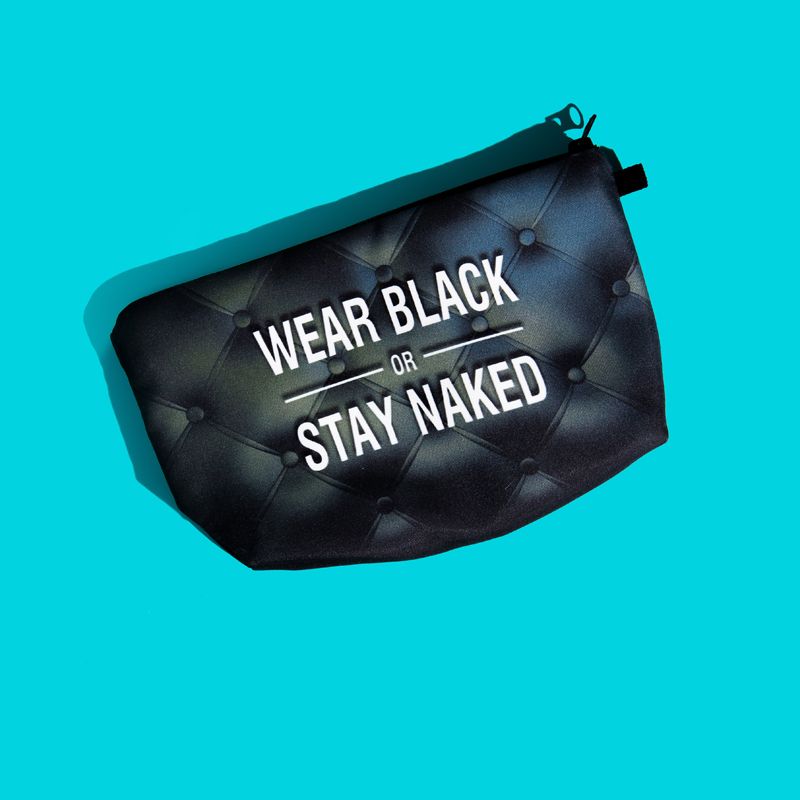 Turquoise background.  A black oblong shaped pouch (for carrying spare or used pairs) can be seen in the middle of the picture displaying the test "WEAR BLACK OR STAY NAKED'.