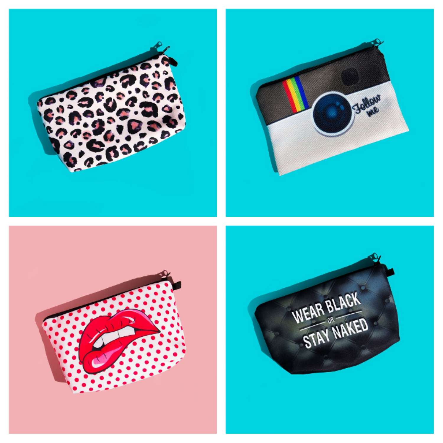 Image displays 4 different styles of pouches designed to store used or spare Period pants. Top left is pink leopard print, top right is a camera design with the words 'follow me'. Bottom left is white with red polka dots and a pair of red lips, bottom right is a black pouch displaying the words 'WEAR BLACK OF STAY NAKED' in white letters.