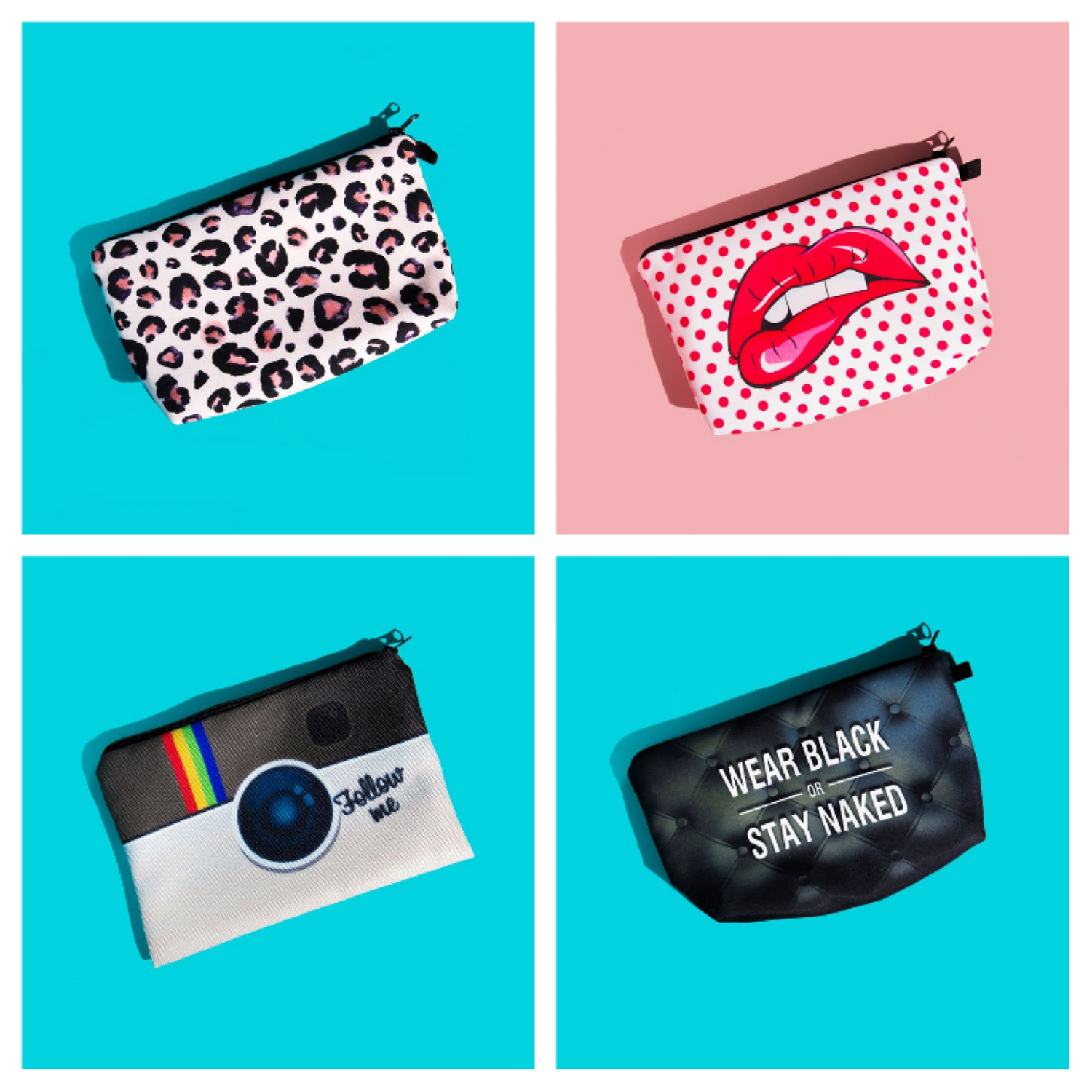 Image displays 4 different styles of pouches designed to store used or spare Period pants.  Top left is pink leopard print, top right is a camera design with the words 'follow me'.  Bottom left is white with red polka dots and a pair of red lips, bottom right is a black pouch displaying the words 'WEAR BLACK OF STAY NAKED' in white letters.